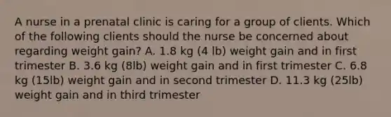 A nurse in a prenatal clinic is caring for a group of clients. Which of the following clients should the nurse be concerned about regarding weight gain? A. 1.8 kg (4 lb) weight gain and in first trimester B. 3.6 kg (8lb) weight gain and in first trimester C. 6.8 kg (15lb) weight gain and in second trimester D. 11.3 kg (25lb) weight gain and in third trimester