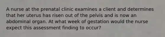 A nurse at the prenatal clinic examines a client and determines that her uterus has risen out of the pelvis and is now an abdominal organ. At what week of gestation would the nurse expect this assessment finding to occur?