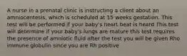 A nurse in a prenatal clinic is instructing a client about an amniocentesis, which is scheduled at 15 weeks gestation. This test will be performed if your baby's heart beat is heard This test will determine if your baby's lungs are mature this test requires the presence of amniotic fluid after the test you will be given Rho immune globulin since you are Rh positive