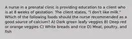 A nurse in a prenatal clinic is providing education to a client who is at 8 weeks of gestation. The client states, "I don't like milk." Which of the following foods should the nurse recommended as a good source of calcium? A) Dark green leafy veggies B) Deep red or orange veggies C) White breads and rice D) Meat, poultry, and fish