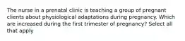 The nurse in a prenatal clinic is teaching a group of pregnant clients about physiological adaptations during pregnancy. Which are increased during the first trimester of pregnancy? Select all that apply