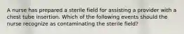 A nurse has prepared a sterile field for assisting a provider with a chest tube insertion. Which of the following events should the nurse recognize as contaminating the sterile field?