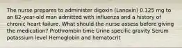 The nurse prepares to administer digoxin (Lanoxin) 0.125 mg to an 82-year-old man admitted with influenza and a history of chronic heart failure. What should the nurse assess before giving the medication? Prothrombin time Urine specific gravity Serum potassium level Hemoglobin and hematocrit