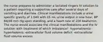 the nurse prepares to administer a lactated ringers IV solution to a patient requiring a supportive care after several days of vomiting and diarrhea. Clinical manifestations include a urine specific gravity of 1.040 with 15 mL urine output in one hour, BP 84/48 mm Hg upon standing, and a heart rate of 100 beats/min. The nurse would associate the clinical manifestations and the IV solution with treatment of which imbalance? -hyponatremia -hyperkalemia -extracellular fluid volume deficit -extracellular fluid volume excess