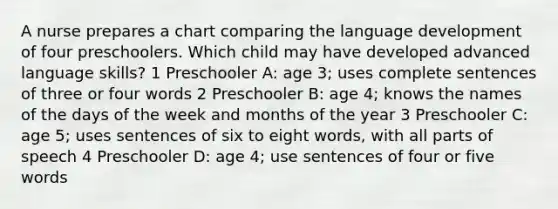 A nurse prepares a chart comparing the language development of four preschoolers. Which child may have developed advanced language skills? 1 Preschooler A: age 3; uses complete sentences of three or four words 2 Preschooler B: age 4; knows the names of the days of the week and months of the year 3 Preschooler C: age 5; uses sentences of six to eight words, with all parts of speech 4 Preschooler D: age 4; use sentences of four or five words