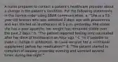 A nurse prepares to contact a patient's healthcare provider about a change in the patient's condition. Put the following statements in the correct order using SBAR communication. a. "She is a 53-year-old woman who was admitted 2 days ago with pneumonia and was started on levofloxacin at 5 p.m. yesterday. She states she has a poor appetite; her weight has remained stable over the past 2 days." b. "The patient reported feeling very nauseated after her dose of levofloxacin an hour ago." c. "Is it possible to make a change in antibiotics, or could we give her a nutritional supplement before her medication?" d. "The patient started to complain of nausea yesterday evening and vomited several times during the night."