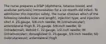 The nurse prepares a DTaP (diphtheria, tetanus toxoid, and acellular pertussis) immunization for a six-month-old infant. To administer this injection safely, the nurse chooses which of the following needles (size and length), injection type, and injection site? A. 25-gauge, 5/8-inch needle; IM (intramuscular); anterolateral thigh B. 25-gauge, 5/8-inch needle; ID (intradermal); deltoid C. 22-gauge, 1/2-inch needle; IM (intramuscular); dorsogluteal D. 25-gauge, 3/4-inch needle; SQ (subcutaneous); anterolateral thigh