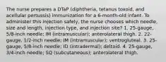 The nurse prepares a DTaP (diphtheria, tetanus toxoid, and acellular pertussis) immunization for a 6-month-old infant. To administer this injection safely, the nurse chooses which needle, size and length, injection type, and injection site? 1. 25-gauge, 5/8-inch needle; IM (intramuscular); anterolateral thigh. 2. 22-gauge, 1/2-inch needle; IM (intramuscular); ventrogluteal. 3. 25-gauge, 5/8-inch needle; ID (intradermal); deltoid. 4. 25-gauge, 3/4-inch needle; SQ (subcutaneous); anterolateral thigh.