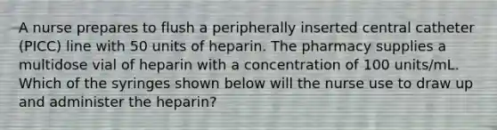 A nurse prepares to flush a peripherally inserted central catheter (PICC) line with 50 units of heparin. The pharmacy supplies a multidose vial of heparin with a concentration of 100 units/mL. Which of the syringes shown below will the nurse use to draw up and administer the heparin?