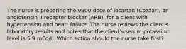 The nurse is preparing the 0900 dose of losartan (Cozaar), an angiotensin II receptor blocker (ARB), for a client with hypertension and heart failure. The nurse reviews the client's laboratory results and notes that the client's serum potassium level is 5.9 mEq/L. Which action should the nurse take first?