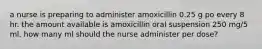 a nurse is preparing to administer amoxicillin 0.25 g po every 8 hr. the amount available is amoxicillin oral suspension 250 mg/5 ml. how many ml should the nurse administer per dose?