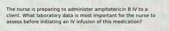 The nurse is preparing to administer amphotericin B IV to a client. What laboratory data is most important for the nurse to assess before initiating an IV infusion of this medication?