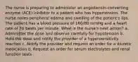 The nurse is preparing to administer an angiotensin-converting enzyme (ACE) inhibitor to a patient who has hypertension. The nurse notes peripheral edema and swelling of the patient's lips. The patient has a blood pressure of 160/80 mmHg and a heart rate of 76 beats per minute. What is the nurse's next action? a. Administer the dose and observe carefully for hypotension b. Hold the dose and notify the provider of a hypersensitivity reaction c. Notify the provider and request an order for a diuretic medication d. Request an order for serum electrolytes and renal function tests