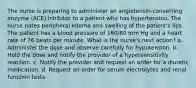 The nurse is preparing to administer an angiotensin-converting enzyme (ACE) inhibitor to a patient who has hypertension. The nurse notes peripheral edema and swelling of the patient's lips. The patient has a blood pressure of 160/80 mm Hg and a heart rate of 76 beats per minute. What is the nurse's next action? a. Administer the dose and observe carefully for hypotension. b. Hold the dose and notify the provider of a hypersensitivity reaction. c. Notify the provider and request an order for a diuretic medication. d. Request an order for serum electrolytes and renal function tests.