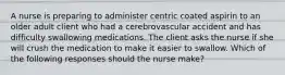 A nurse is preparing to administer centric coated aspirin to an older adult client who had a cerebrovascular accident and has difficulty swallowing medications. The client asks the nurse if she will crush the medication to make it easier to swallow. Which of the following responses should the nurse make?