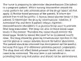 The nurse is preparing to administer dexamethasone (Decadron) to a pregnant patient. Which nursing intervention should the nurse perform for safe administration of the drug? Select all that apply. A Monitor blood pressure of the patient. B Inform the patient that it will be painful. C Assess blood glucose levels in the patient. D Administer the drug by intramuscular injection. E Administer the oral form if patient refuses injection. Dexamethasone (Decadron) is a glucocorticoid used to promote fetal lung maturation. The drug can also increase blood sugar levels in the patient. Therefore the nurse should monitor the blood sugar levels to assess the need for an increased insulin dose. The drug should be given by intramuscular injection in the ventral gluteal or vastus lateralis muscle for better absorption. The patient should be informed that the injection will be painful, because this type of truthfulness promotes patient cooperation. The drug does not affect blood pressure levels, and it does not need to be monitored. The oral form is not beneficial in promoting fetal lung maturation and should not be administered.