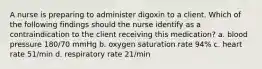 A nurse is preparing to administer digoxin to a client. Which of the following findings should the nurse identify as a contraindication to the client receiving this medication? a. blood pressure 180/70 mmHg b. oxygen saturation rate 94% c. heart rate 51/min d. respiratory rate 21/min