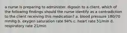 a nurse is preparing to administer. digoxin to a client. which of the following findings should the nurse identify as a contradiction to the client receiving this medication? a. blood pressure 180/70 mmHg b. oxygen saturation rate 94% c. heart rate 51/min d. respiratory rate 21/min