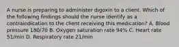 A nurse is preparing to administer digoxin to a client. Which of the following findings should the nurse identify as a contraindication to the client receiving this medication? A. Blood pressure 180/70 B. Oxygen saturation rate 94% C. Heart rate 51/min D. Respiratory rate 21/min