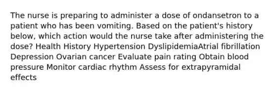 The nurse is preparing to administer a dose of ondansetron to a patient who has been vomiting. Based on the patient's history below, which action would the nurse take after administering the dose? Health History Hypertension DyslipidemiaAtrial fibrillation Depression Ovarian cancer Evaluate pain rating Obtain blood pressure Monitor cardiac rhythm Assess for extrapyramidal effects