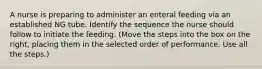 A nurse is preparing to administer an enteral feeding via an established NG tube. Identify the sequence the nurse should follow to initiate the feeding. (Move the steps into the box on the right, placing them in the selected order of performance. Use all the steps.)