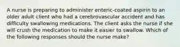 A nurse is preparing to administer enteric-coated aspirin to an older adult client who had a cerebrovascular accident and has difficulty swallowing medications. The client asks the nurse if she will crush the medication to make it easier to swallow. Which of the following responses should the nurse make?