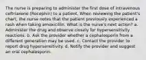 The nurse is preparing to administer the first dose of intravenous ceftriaxone (Rocephin) to a patient. When reviewing the patient's chart, the nurse notes that the patient previously experienced a rash when taking amoxicillin. What is the nurse's next action? a. Administer the drug and observe closely for hypersensitivity reactions. b. Ask the provider whether a cephalosporin from a different generation may be used. c. Contact the provider to report drug hypersensitivity. d. Notify the provider and suggest an oral cephalosporin.