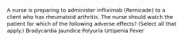 A nurse is preparing to administer infliximab (Remicade) to a client who has rheumatoid arthritis. The nurse should watch the patient for which of the following adverse effects? (Select all that apply.) Bradycardia Jaundice Polyuria Urtipenia Fever