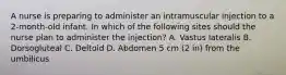 A nurse is preparing to administer an intramuscular injection to a 2-month-old infant. In which of the following sites should the nurse plan to administer the injection? A. Vastus lateralis B. Dorsogluteal C. Deltoid D. Abdomen 5 cm (2 in) from the umbilicus