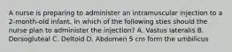 A nurse is preparing to administer an intramuscular injection to a 2-month-old infant. In which of the following sties should the nurse plan to administer the injection? A. Vastus lateralis B. Dorsogluteal C. Deltoid D. Abdomen 5 cm form the umbilicus