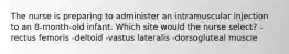 The nurse is preparing to administer an intramuscular injection to an 8-month-old infant. Which site would the nurse select? -rectus femoris -deltoid -vastus lateralis -dorsogluteal muscle