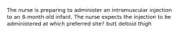 The nurse is preparing to administer an intramuscular injection to an 8-month-old infant. The nurse expects the injection to be administered at which preferred site? butt deltoid thigh