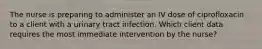 The nurse is preparing to administer an IV dose of ciprofloxacin to a client with a urinary tract infection. Which client data requires the most immediate intervention by the nurse?