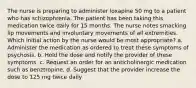 The nurse is preparing to administer loxapine 50 mg to a patient who has schizophrenia. The patient has been taking this medication twice daily for 15 months. The nurse notes smacking lip movements and involuntary movements of all extremities. Which initial action by the nurse would be most appropriate? a. Administer the medication as ordered to treat these symptoms of psychosis. b. Hold the dose and notify the provider of these symptoms. c. Request an order for an anticholinergic medication such as benztropine. d. Suggest that the provider increase the dose to 125 mg twice daily