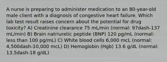 A nurse is preparing to administer medication to an​ 80-year-old male client with a diagnosis of congestive heart failure. Which lab test result raises concern about the potential for drug​ toxicity? A) Creatinine clearance 75​ mL/min (normal: 97dash-137 ​mL/min) B) Brain natriuretic peptide​ (BNP) 120​ pg/mL (normal: less than 100​ pg/mL) C) White blood cells​ 6,000 mcL​ (normal: ​4,500dash-​10,000 ​mcL) D) Hemoglobin​ (Hgb) 13.6​ g/dL (normal: 13.5dash-18 ​g/dL)