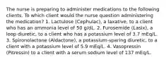 The nurse is preparing to administer medications to the following clients. To which client would the nurse question administering the medication? 1. Lactulose (Cephulac), a laxative, to a client who has an ammonia level of 50 g/dL. 2. Furosemide (Lasix), a loop diuretic, to a client who has a potassium level of 3.7 mEq/L. 3. Spironolactone (Aldactone), a potassium-sparing diuretic, to a client with a potassium level of 5.9 mEq/L. 4. Vasopressin (Pitressin) to a client with a serum sodium level of 137 mEq/L.