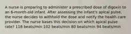 A nurse is preparing to administer a prescribed dose of digoxin to an 6-month-old infant. After assessing the infant's apical pulse, the nurse decides to withhold the dose and notify the health care provider. The nurse bases this decision on which apical pulse rate? 118 beats/min 102 beats/min 80 beats/min 94 beats/min
