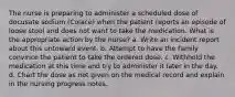 The nurse is preparing to administer a scheduled dose of docusate sodium (Colace) when the patient reports an episode of loose stool and does not want to take the medication. What is the appropriate action by the nurse? a. Write an incident report about this untoward event. b. Attempt to have the family convince the patient to take the ordered dose. c. Withhold the medication at this time and try to administer it later in the day. d. Chart the dose as not given on the medical record and explain in the nursing progress notes.