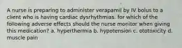 A nurse is preparing to administer verapamil by IV bolus to a client who is having cardiac dysrhythmias. for which of the following adverse effects should the nurse monitor when giving this medication? a. hyperthermia b. hypotension c. ototoxicity d. muscle pain