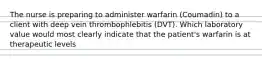 The nurse is preparing to administer warfarin (Coumadin) to a client with deep vein thrombophlebitis (DVT). Which laboratory value would most clearly indicate that the patient's warfarin is at therapeutic levels