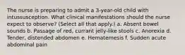 The nurse is preparing to admit a 3-year-old child with intussusception. What clinical manifestations should the nurse expect to observe? (Select all that apply.) a. Absent bowel sounds b. Passage of red, currant jelly-like stools c. Anorexia d. Tender, distended abdomen e. Hematemesis f. Sudden acute abdominal pain