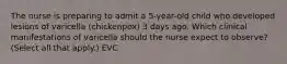 The nurse is preparing to admit a 5-year-old child who developed lesions of varicella (chickenpox) 3 days ago. Which clinical manifestations of varicella should the nurse expect to observe?(Select all that apply.) EVC