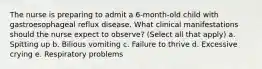 The nurse is preparing to admit a 6-month-old child with gastroesophageal reflux disease. What clinical manifestations should the nurse expect to observe? (Select all that apply) a. Spitting up b. Bilious vomiting c. Failure to thrive d. Excessive crying e. Respiratory problems