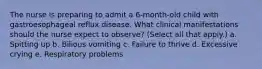 The nurse is preparing to admit a 6-month-old child with gastroesophageal reflux disease. What clinical manifestations should the nurse expect to observe? (Select all that apply.) a. Spitting up b. Bilious vomiting c. Failure to thrive d. Excessive crying e. Respiratory problems