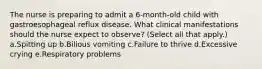 The nurse is preparing to admit a 6-month-old child with gastroesophageal reflux disease. What clinical manifestations should the nurse expect to observe? (Select all that apply.) a.Spitting up b.Bilious vomiting c.Failure to thrive d.Excessive crying e.Respiratory problems