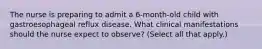 The nurse is preparing to admit a 6-month-old child with gastroesophageal reflux disease. What clinical manifestations should the nurse expect to observe? (Select all that apply.)