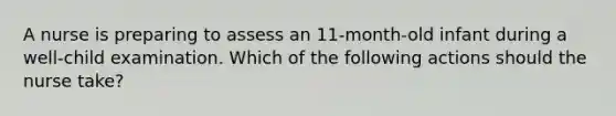 A nurse is preparing to assess an 11-month-old infant during a well-child examination. Which of the following actions should the nurse take?