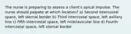 The nurse is preparing to assess a client's apical impulse. The nurse should palpate at which location? a) Second intercostal space, left sternal border b) Third intercostal space, left axillary line c) Fifth intercostal space, left midclavicular line d) Fourth intercostal space, left sternal border