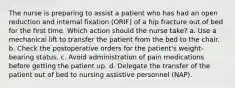 The nurse is preparing to assist a patient who has had an open reduction and internal fixation (ORIF) of a hip fracture out of bed for the first time. Which action should the nurse take? a. Use a mechanical lift to transfer the patient from the bed to the chair. b. Check the postoperative orders for the patient's weight-bearing status. c. Avoid administration of pain medications before getting the patient up. d. Delegate the transfer of the patient out of bed to nursing assistive personnel (NAP).