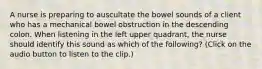 A nurse is preparing to auscultate the bowel sounds of a client who has a mechanical bowel obstruction in the descending colon. When listening in the left upper quadrant, the nurse should identify this sound as which of the following? (Click on the audio button to listen to the clip.)